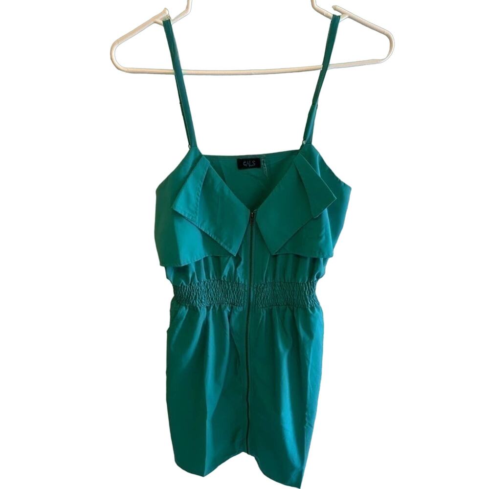Cals Green Adjustable Spaghetti Strap Full Zip‎ Smocked Waist Dress Pockets Sz M
